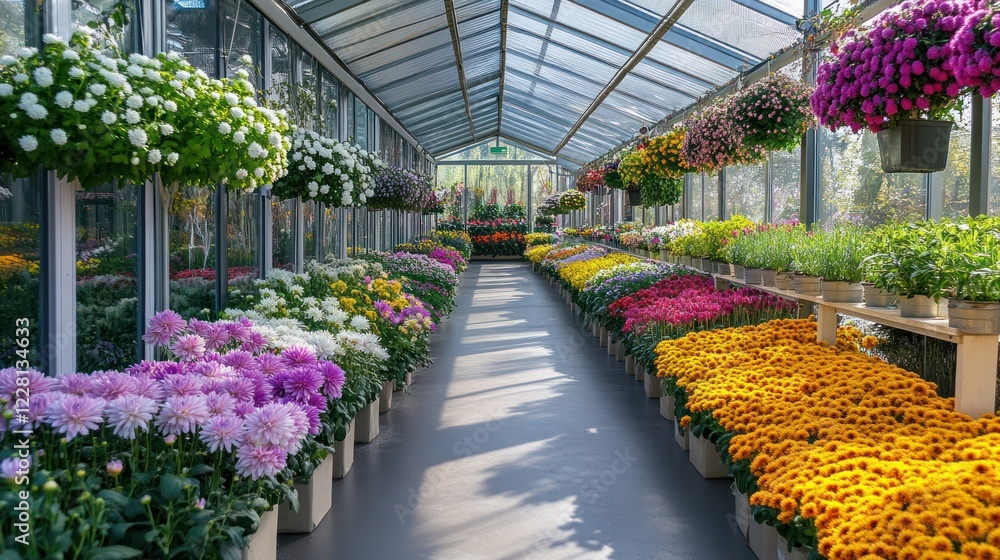 Greenhouse filled with colorful chrysanthemum flowers. Greenhouse filled with colorful chrysanthemum flowers.
