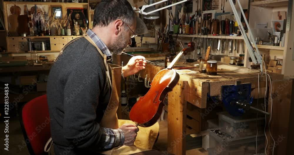 Luthier applying varnish with brush on handcrafted classic italian violin in a workshop, highlighting the artistry and precision in creating exquisite instruments, slow motion shot Luthier applying varnish with brush on handcrafted classic italian violin in a workshop, highlighting the artistry and precision in creating exquisite instruments, slow motion shot