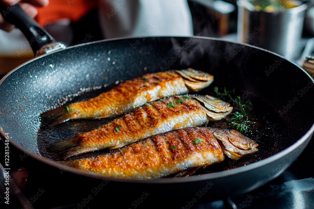 Deliciously grilled fish sizzling in a pan at a culinary workshop in the evening Deliciously grilled fish sizzling in a pan at a culinary workshop in the evening