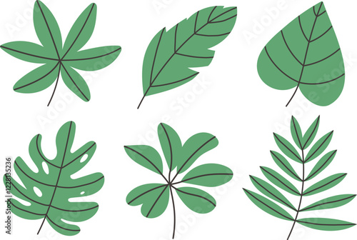 Set of hand drawn vector tropical leaves. Exotic leaves and branches in minimalistic flat style isolated on white.