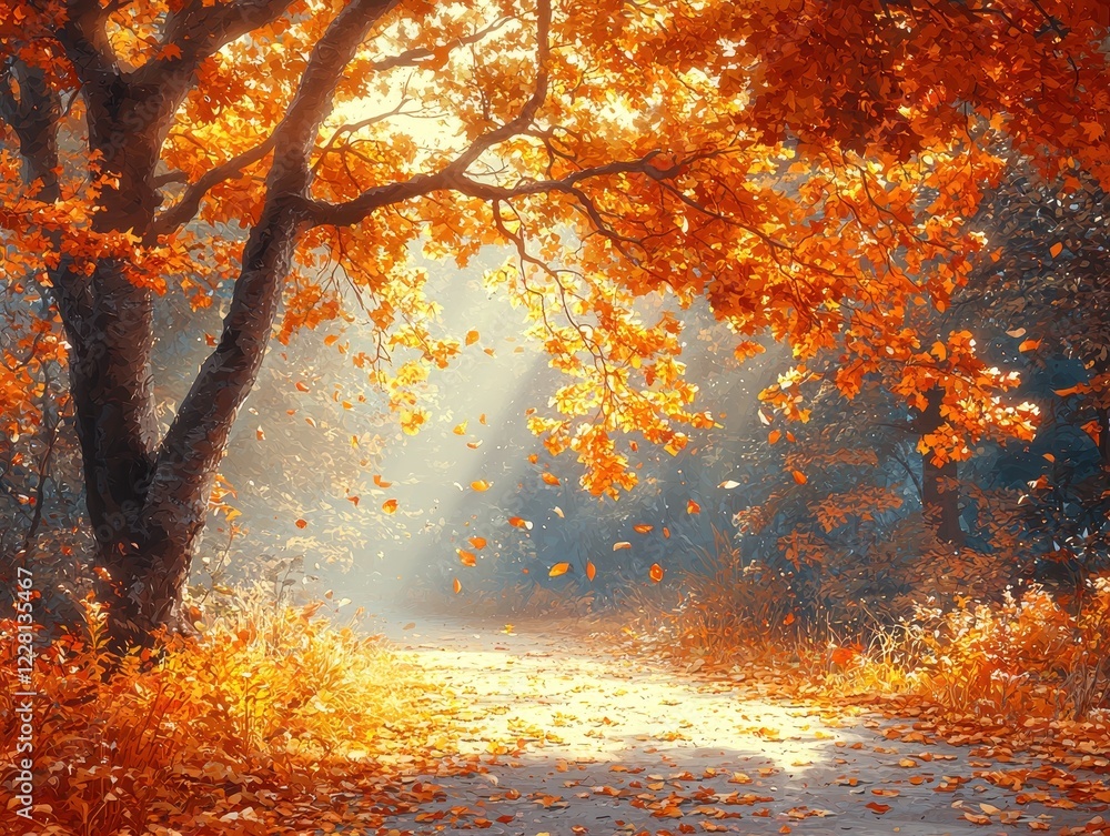 A serene autumn landscape with vibrant orange leaves and soft sunlight.