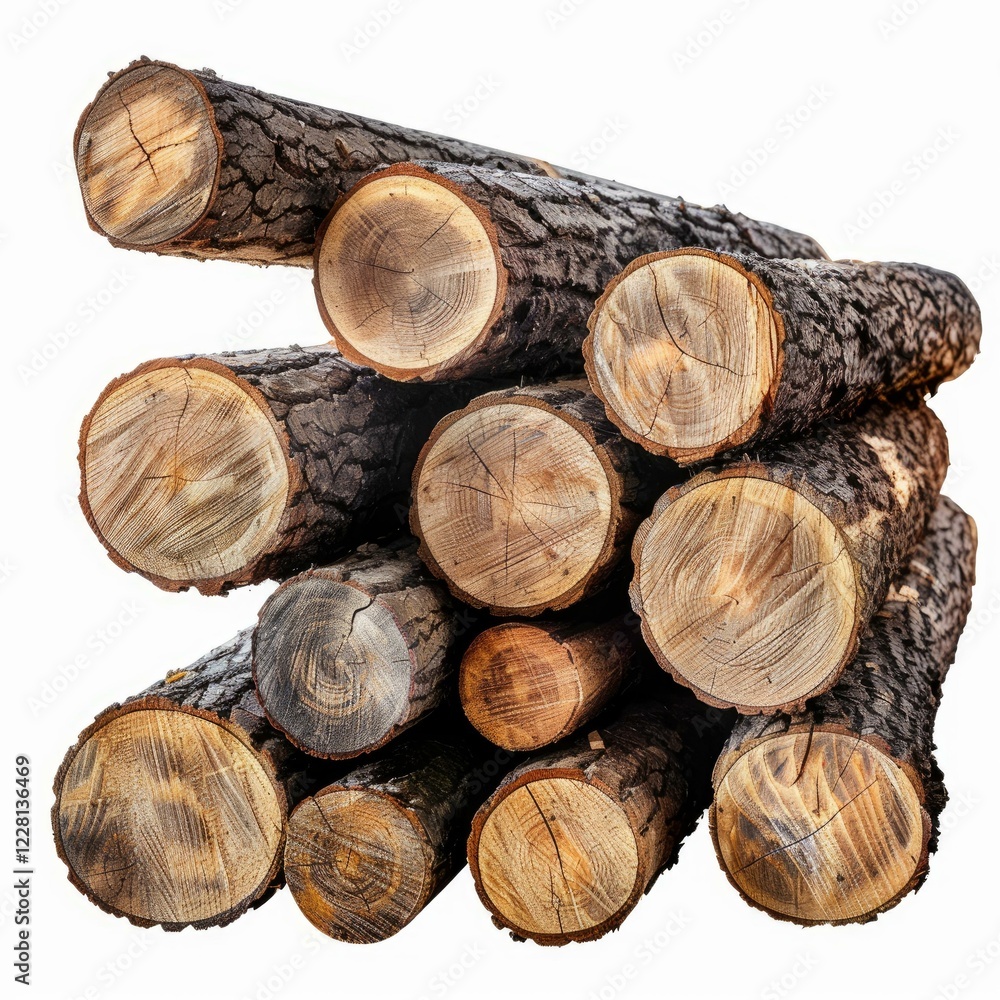 Stacked logs with visible growth rings and bark texture, isolated on white Stacked logs with visible growth rings and bark texture, isolated on white