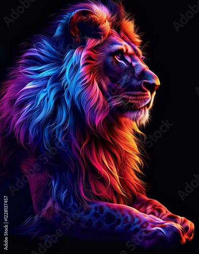 Majestic lion portrait in vibrant neon colors against black background, featuring dramatic blue, purple, and orange glowing fur detail. Perfect for modern wall art and creative design projects. photo