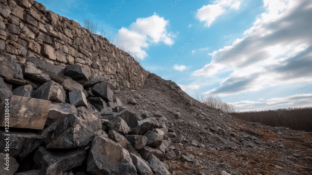 Fototapeta premium Stone quarry with large rocks and blue sky.