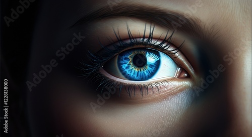 Close-up of a woman's eye showcasing vibrant blue iris and detailed eyelashes