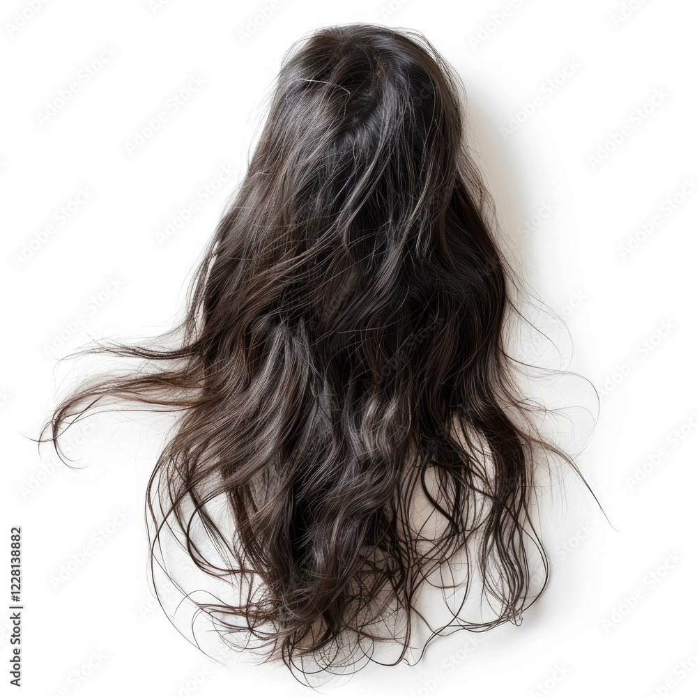 Fototapeta premium Black hair wig isolated on a white background, representing fashion, beauty, and hair care
