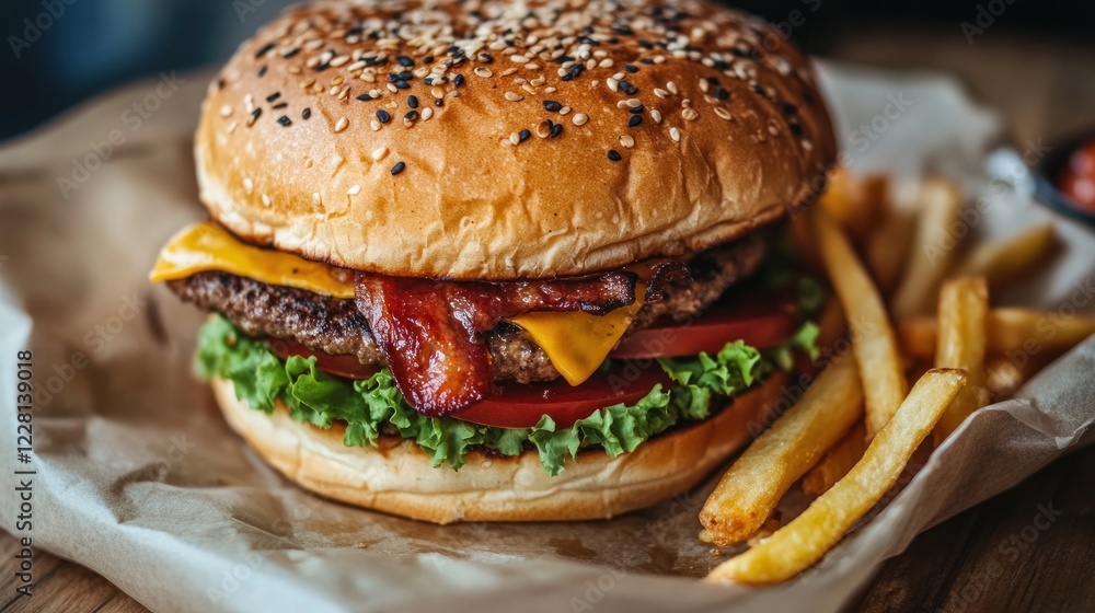 Juicy Bacon Cheeseburger with Crispy French Fries