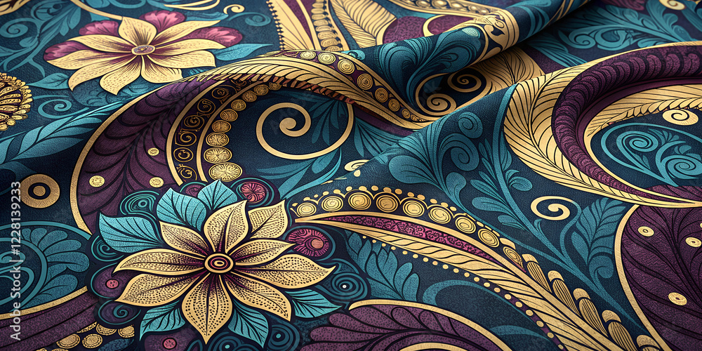Fototapeta premium Intricate floral pattern with colorful paisley design on fabric