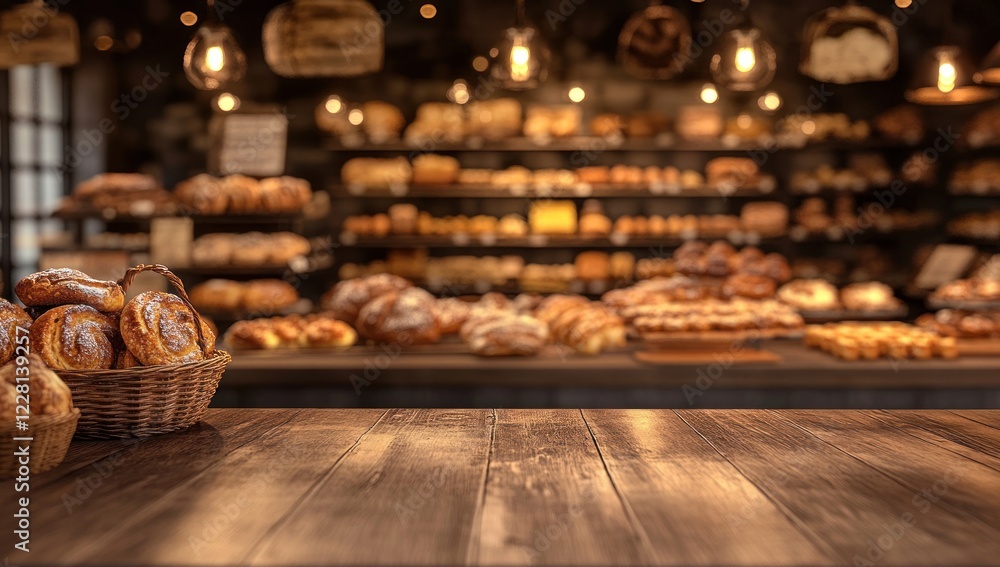 Fototapeta premium Warm Bakery Tabletop: Freshly Baked Bread and Pastries