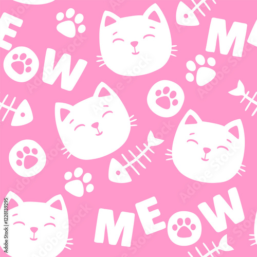 Vector hand drawn seamless pattern. Pink cat face silhouette, the text meow and paw prints in a chaotic order on a white background