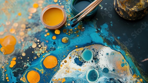 Scene of a resin art setup. Featuring resin, pigments, and a finished piece. Highlighting the craft of resin art. Ideal for DIY and craft blogs. photo