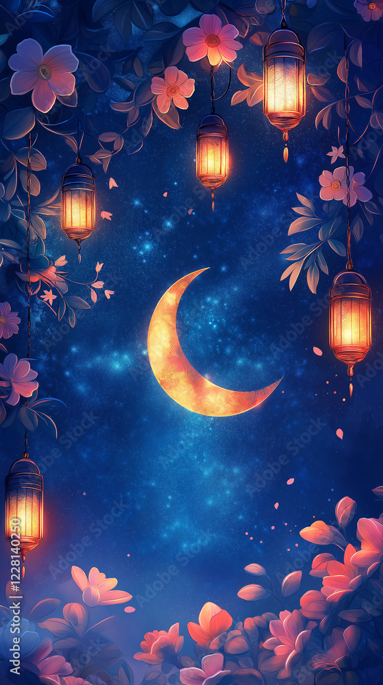 Fototapeta premium Artistic Islamic design, glowing stars and crescent moon intertwined with floral vines