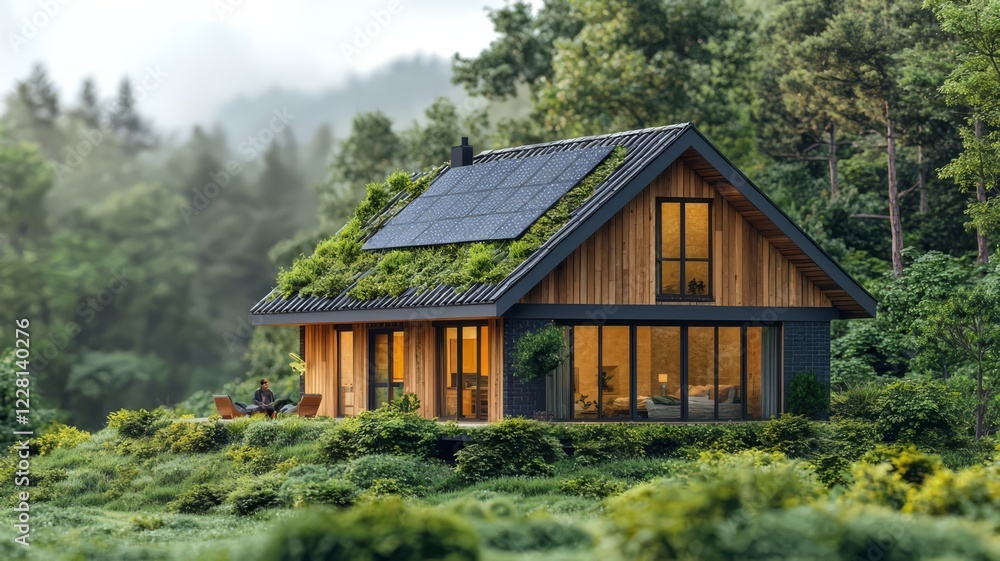 Modern eco-friendly house with solar panels, surrounded by lush greenery, showcasing sustainable living in harmony with nature. Perfect for real estate and environmental themes. Modern eco-friendly house with solar panels, surrounded by lush greenery, showcasing sustainable living in harmony with nature. Perfect for real estate and environmental themes.