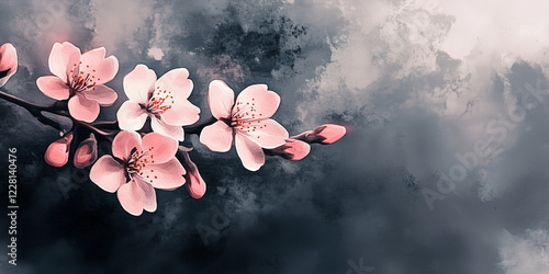 Delicate cherry blossoms on moody background with pink petals