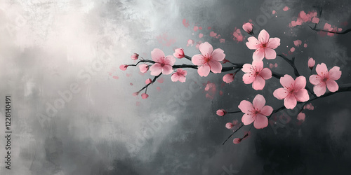 Delicate pink cherry blossoms on dark grayscale background