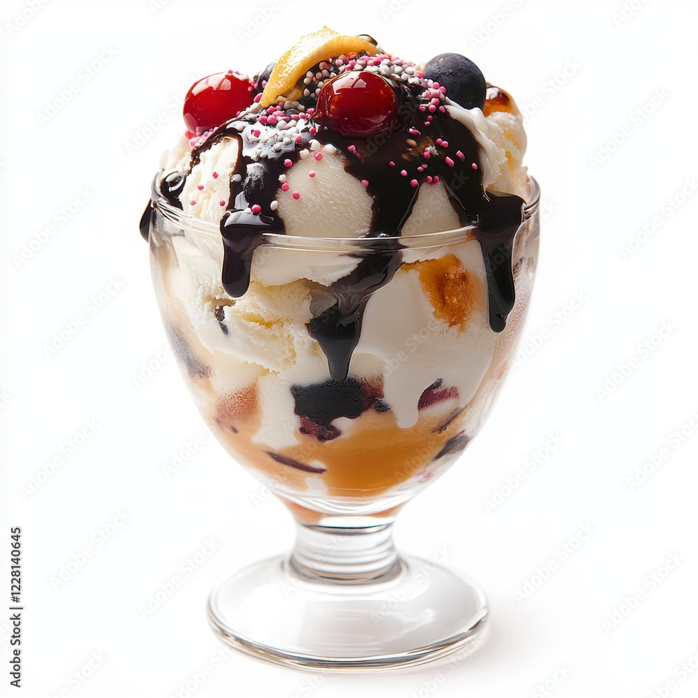 Delicious ice cream sundae with colorful toppings on a clean white backdrop, evoking a sweet and indulgent treat experience Delicious ice cream sundae with colorful toppings on a clean white backdrop, evoking a sweet and indulgent treat experience