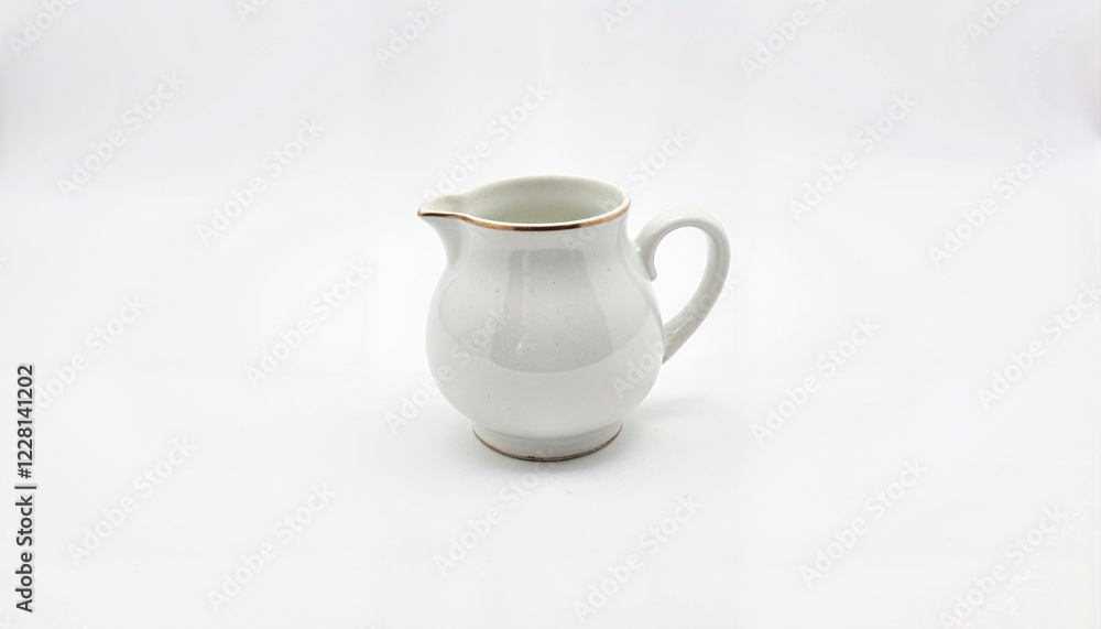 Fototapeta premium White ceramic creamer jug on plain background