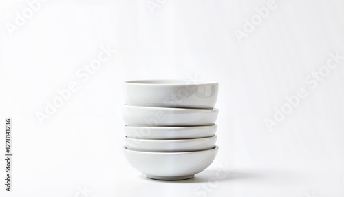 Stack of white bowls against a bright background