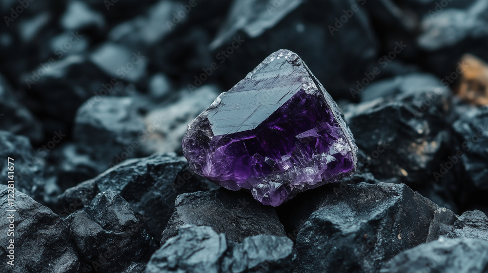 Amethyst Stone on a Black Coal Background – Elegant Contrast