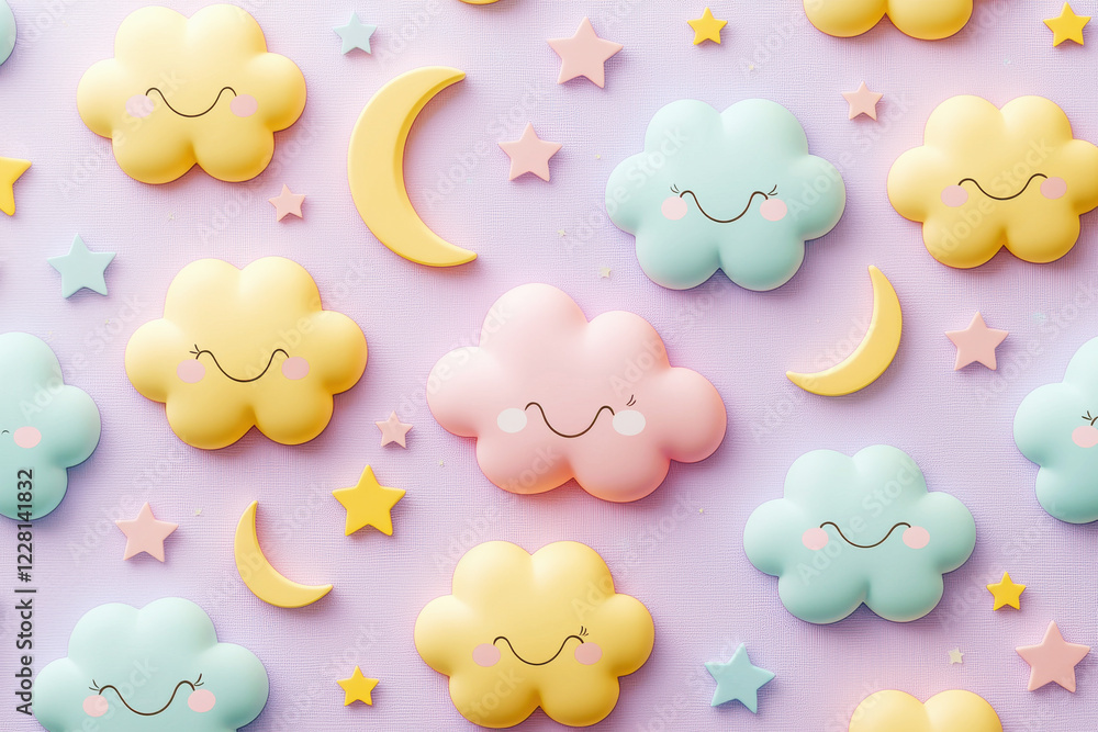 Smiling clouds, stars, and moons create a whimsical kids' pattern in soft pastel tones for playful designs Smiling clouds, stars, and moons create a whimsical kids' pattern in soft pastel tones for playful designs