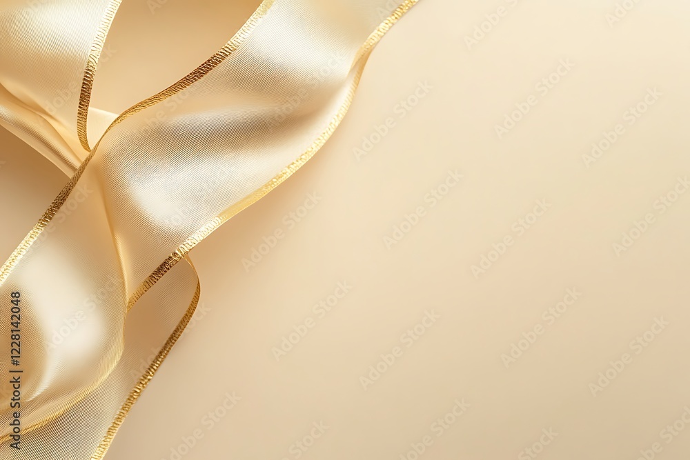 A golden ribbon elegantly curved on a beige background A golden ribbon elegantly curved on a beige background