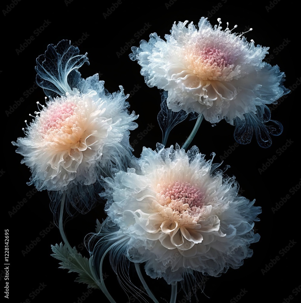 The black background enhances the effect of floating fantastic flowers in space, emphasizing their aesthetics and texture
The black background enhances the effect of floating fantastic flowers in space, emphasizing their aesthetics and texture