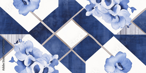 Deep navy and silver geometric design with soft lavender floral elements
