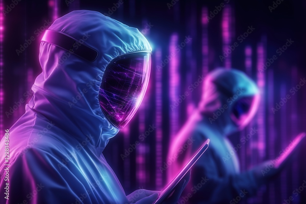 Technicians in futuristic protective suits examining digital panels with glowing purple and pink lights. Concept of data analysis and digital security. Technicians in futuristic protective suits examining digital panels with glowing purple and pink lights. Concept of data analysis and digital security.