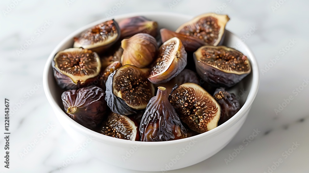 A bowl of dried figs on a pristine white surface, detailed shot A bowl of dried figs on a pristine white surface, detailed shot