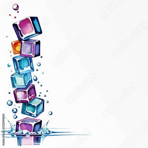 stack of colored ice cubes and water drops decorative ornament vector