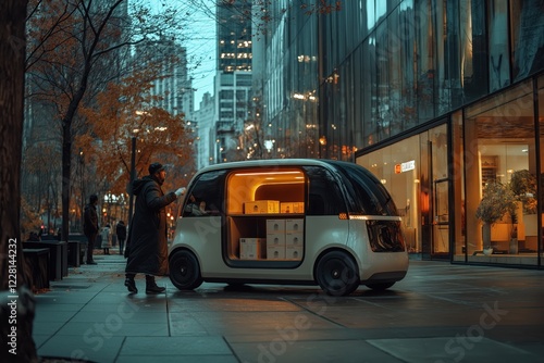 Autonomous delivery vehicle parked curbside in modern city with futuristic design photo