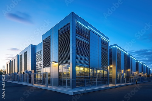 Advanced high-tech data center with futuristic architecture and industrial security at dusk