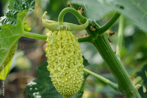 Close up of a bumpy, light green teasel gourd hanging from a vine, showcasing its unique texture and growth photo