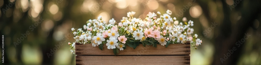 Flowers in a wooden box in the garden. Selective focus. Flowers in a wooden box in the garden. Selective focus.