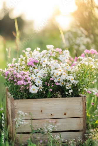 Wallpaper Mural Flowers in a wooden box in the garden. Selective focus. Torontodigital.ca