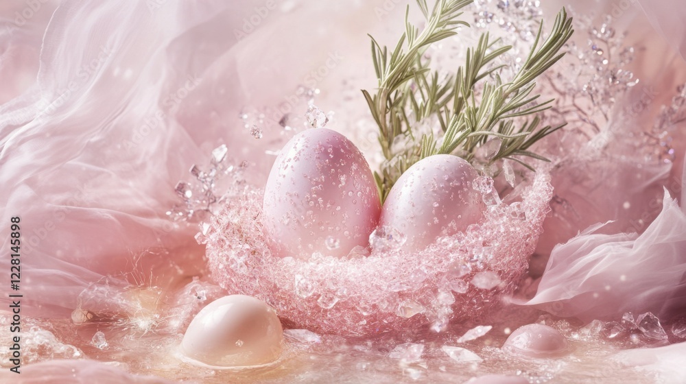 Fototapeta premium Delicate pink eggs nestled in a fluffy nest surrounded by sparkling water and soft textures in a serene setting