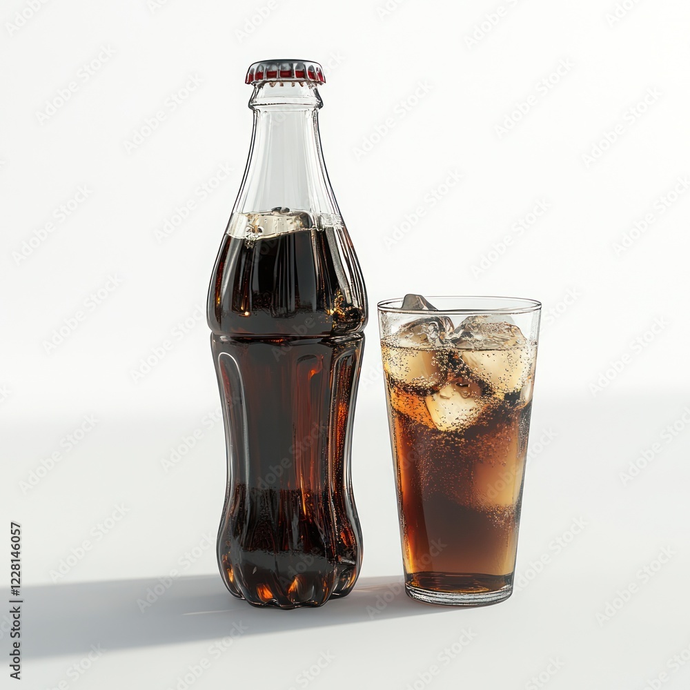 Cold soda bottle and glass with ice; studio shot, white background; refreshing drink Cold soda bottle and glass with ice; studio shot, white background; refreshing drink