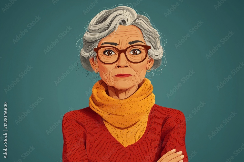 an illustration of an isolated, old, angry, and funny cartoon woman standing against a white backdrop