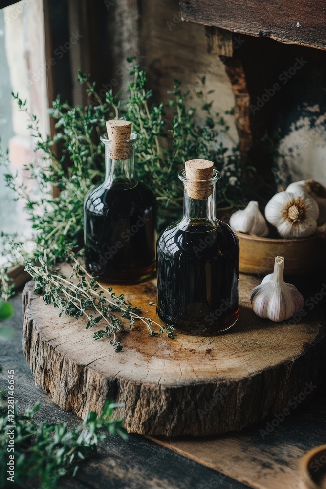 Naklejka premium balsamic oil close-up on the table. Selective focus