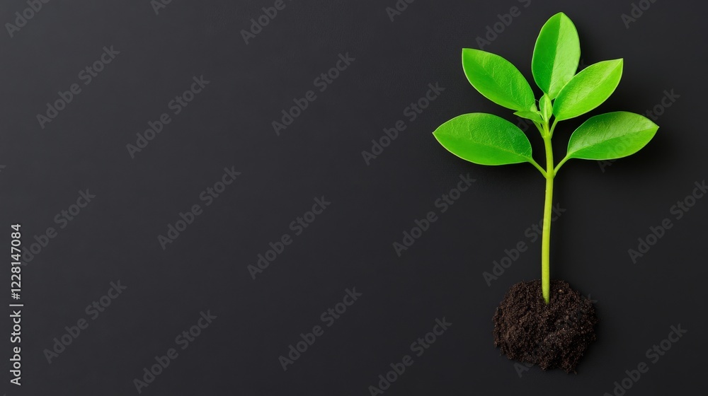 Naklejka premium New Growth, Black Background: A single green sprout emerges from the dark earth, symbolizing growth, resilience, and the promise of a brighter future.