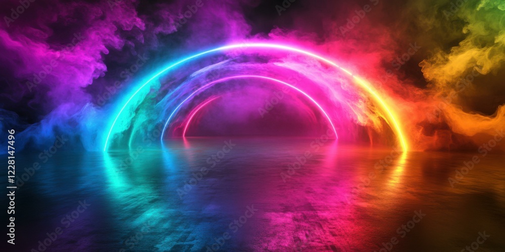 Fototapeta premium Vibrant neon arcs with colorful smoke, ideal for advertising events, parties, or artistic projects.