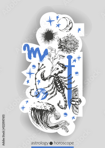 Hand drawn scorpio zodiac sign illustration, horoscope background with astrology symbols and talismans.