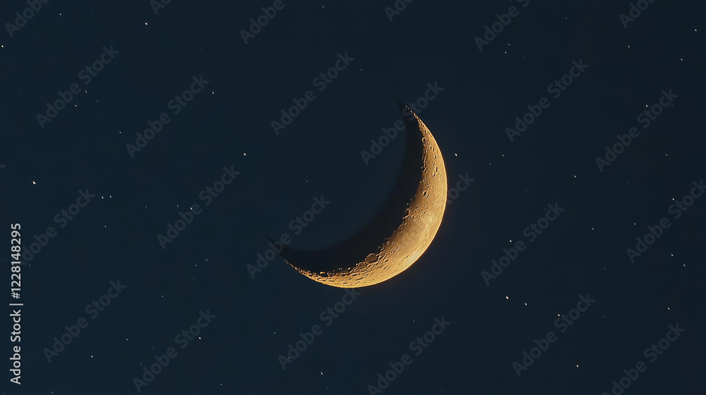 Naklejka premium Glowing crescent moon and twinkling stars against a deep blue night sky, creating a serene and dreamy atmosphere. Space available for inspirational text or messaging