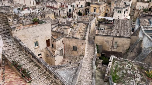 An amazing view of the unique UNESCO site settlements in the Sassi area in Matera, Italy. 