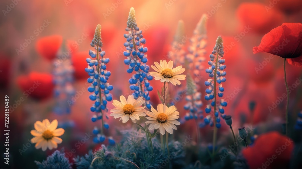 Lupines and daisies in poppy field sunset Lupines and daisies in poppy field sunset