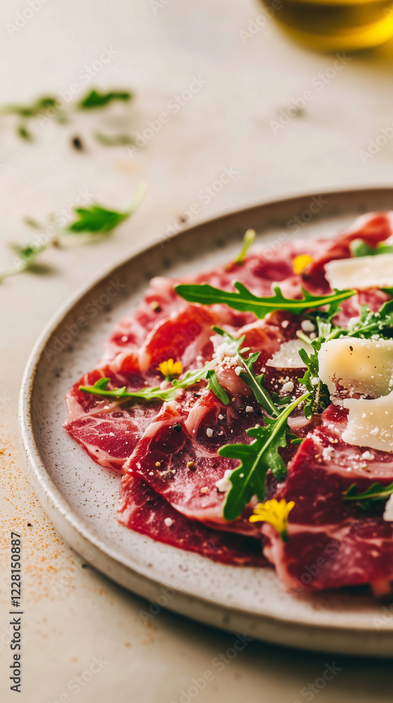 Exquisite beef carpaccio garnished with arugula, parmesan shavings, and edible flowers, captured in a macro shot with natural lighting Exquisite beef carpaccio garnished with arugula, parmesan shavings, and edible flowers, captured in a macro shot with natural lighting