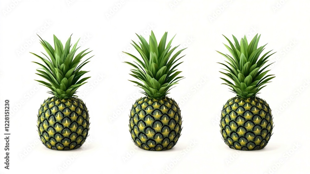 Fototapeta premium Three Fresh Pineapples Displayed on a Clean White Background