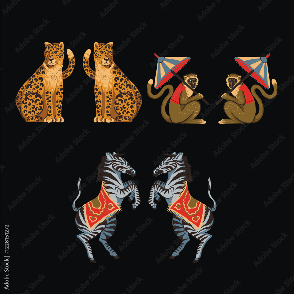 Foto Zebra, leopard and monkey isolated. Vector.