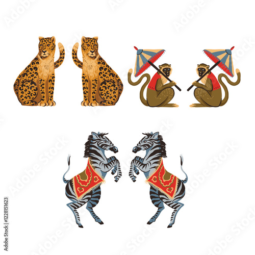 Zebra, leopard and monkey isolated. Vector.