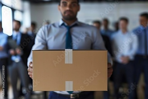 photo of a businessperson carrying a cardboard box during a somber office meeting, symbolizing a layoff or job loss.